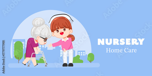 Elderly woman at nursing home care with a nurse