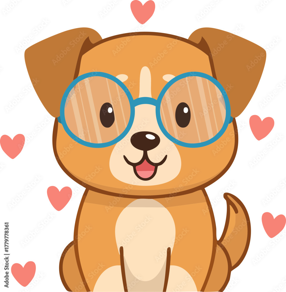 Obraz premium Adorable puppy dog wearing glasses surrounded by hearts cute animal cartoon illustration
