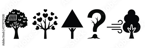 Conceptual illustration of a tree with a cage hearts a triangle a question mark and wind representing change