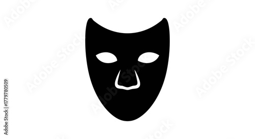 Black theatrical mask on a white background representing drama and performance.