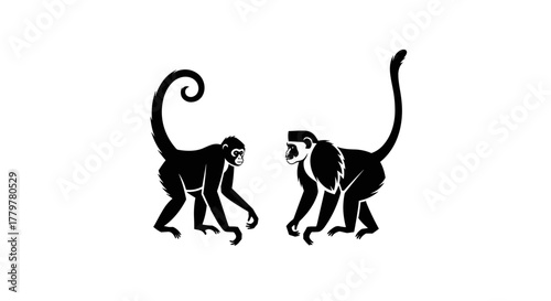 Two Black Monkeys Silhouette Facing Each Other.