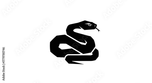 Black Snake Silhouette with Tongue Out on White Background.