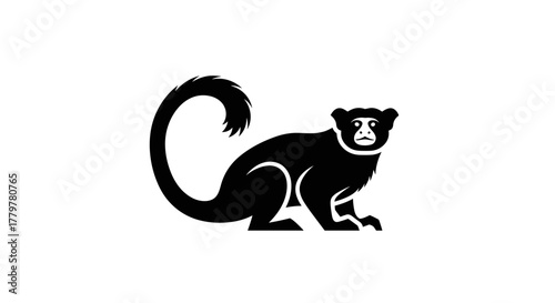 Elegant Monkey Silhouette with Curled Tail on White Background.