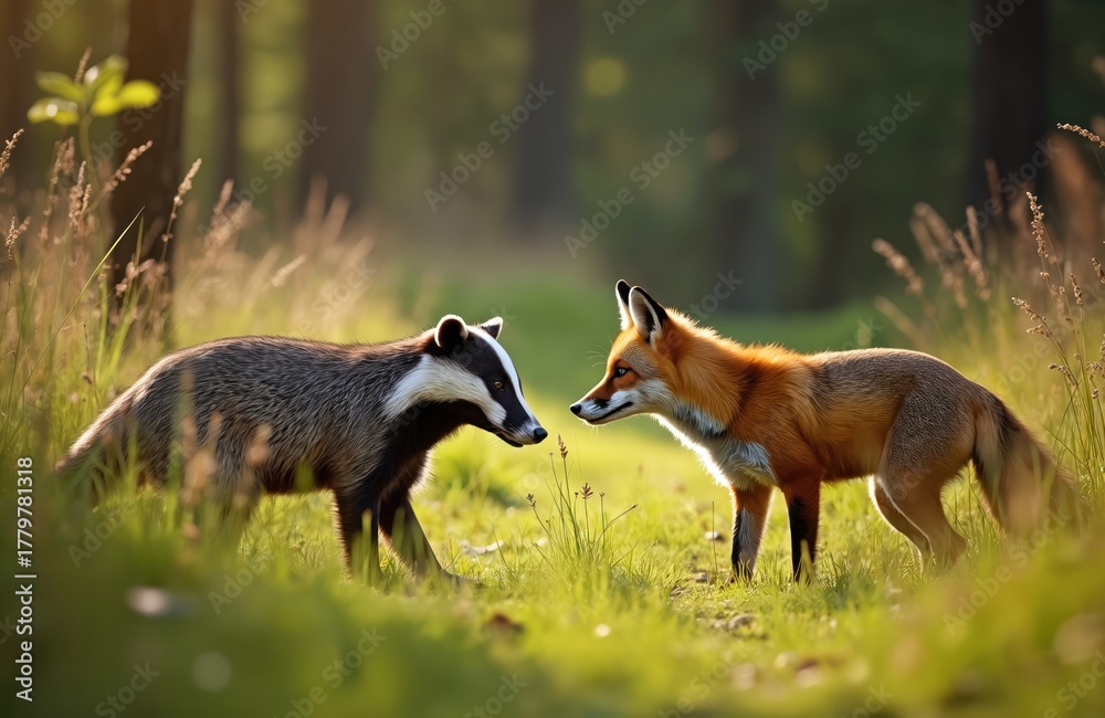 Obraz premium European badger and red fox face each other in sunlit forest clearing. Wild animals meet amongst green grass and tall dry reeds. Creatures stand still, observing intently. Woodland habitat.