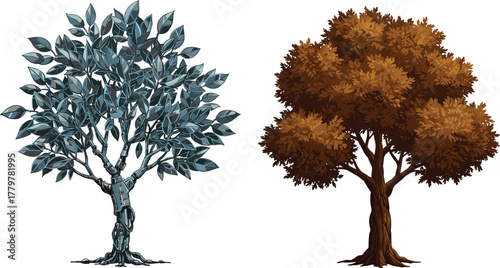 Futuristic robotic tree and natural autumn tree comparison, technology versus nature, artificial intelligence environment, eco innovation, modern digital forest concept illustration.