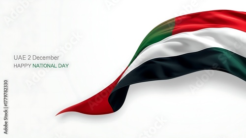 Waving united arab emirates flag on a white background with arabic text