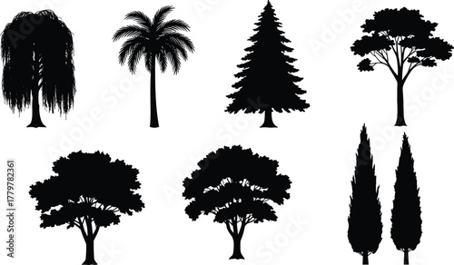 Silhouette collection of diverse tree types, black isolated vector trees, pine, palm, oak, willow, cypress, forest nature illustration
