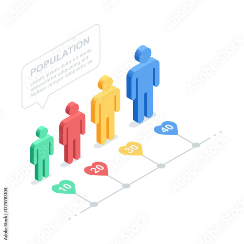 Isometric vector infographic of people figures and a ruler with a scale, in color on a white background, statistical data or social research