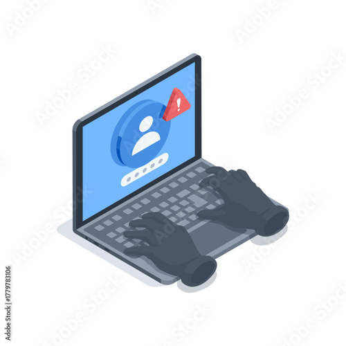 Isometric vector hacker's hands in black gloves hacking a laptop, in color on a white background, identity theft or system hacking