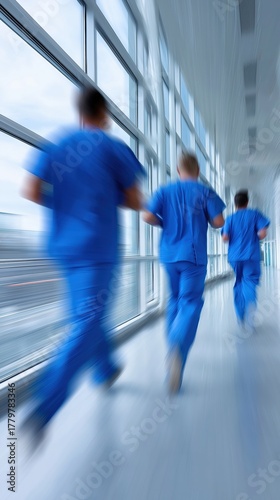Wallpaper Mural Blurred action: medical professionals in blue scrubs running through hospital corridor Torontodigital.ca