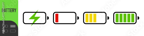 Set of battery icon . Full and low battery charge icons. Color icons set. Black icons