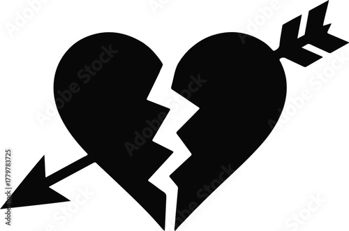 Black silhouette of a broken heart pierced by an arrow symbolizing heartbreak and sadness