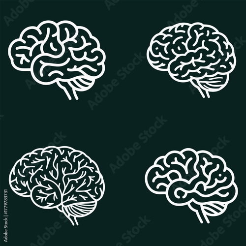 Four stylized white outline illustrations of human brains on a dark green background