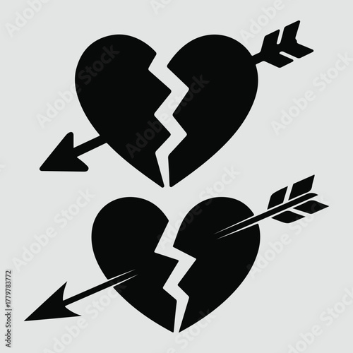 Two black silhouettes of broken hearts pierced by arrows on a gray background