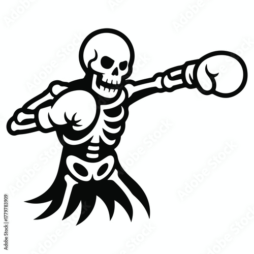 Skeleton boxer punching aggressively with boxing gloves and fierce expression