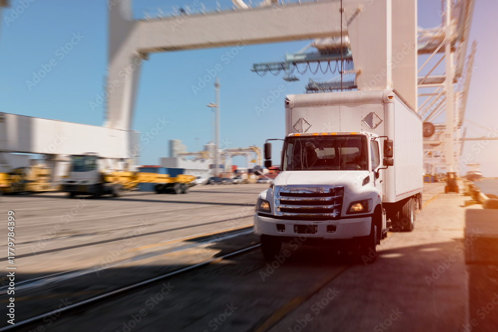 Naklejka premium Fast Delivery Logistics: Box Truck in Motion Blur at Container Port
