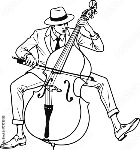 Black and white musician illustration playing double bass, jazz performer artwork, classical music vector drawing, stylish CAD flat design artwork