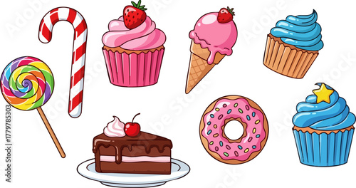 Colorful assortment of sweets and desserts on black
