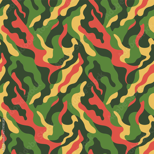 Vibrant abstract camouflage pattern with green yellow and red irregular shapes