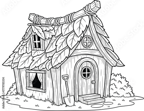 Cartoon fantasy house with leaf roof, whimsical fairy tale home illustration, magical cottage design, playful vector drawing, flat CAD artwork
