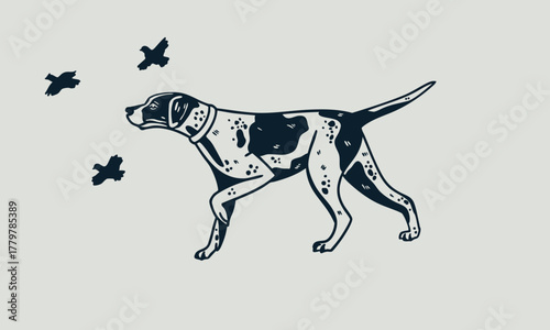 Hunting Dog Illustration – Upland Bird Dog with Quail and Dove Artwork in Vintage Outdoor Style