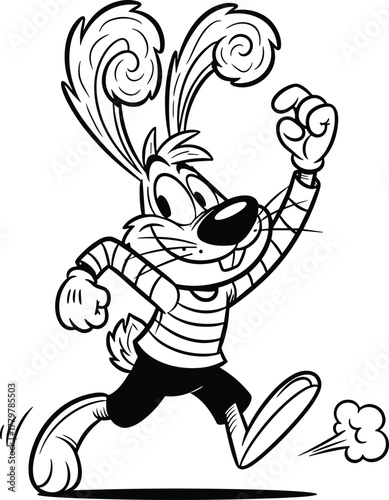 Cartoon rabbit running in striped shirt, playful animal character illustration, energetic mascot design, children’s coloring page artwork, vector CAD flat style