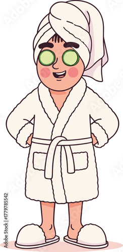 Cartoon spa character in bathrobe with cucumber eyes, self-care relaxation illustration, wellness mascot artwork, vector drawing, flat CAD style