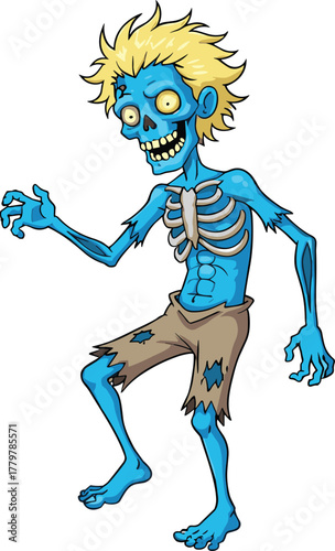 Cartoon zombie character with blue skin and yellow hair, creepy monster mascot illustration, spooky Halloween design, expressive vector drawing, flat CAD artwork
