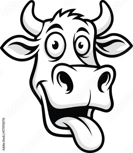 Funny cartoon cow head mascot with tongue out, playful animal character illustration, humorous design artwork, vector drawing, flat CAD style