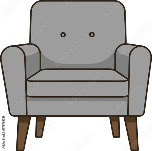 Modern gray armchair cartoon illustration, upholstered furniture design, stylish home decor vector drawing, cozy interior seating, flat CAD artwork