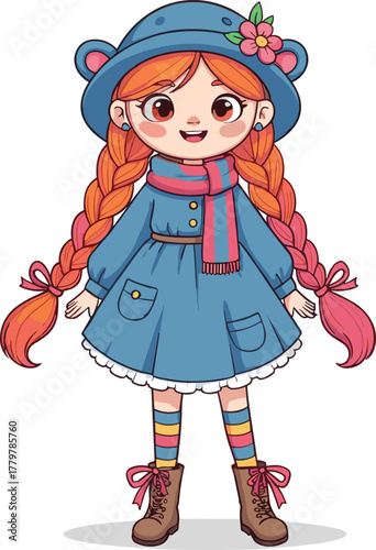 Cute cartoon girl character with braided hair, whimsical children’s illustration, fashion outfit design, playful vector drawing, detailed CAD flat artwork
