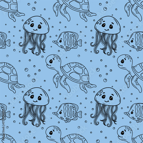 Cute children's marine drawing with turtles, jellyfish and sea fish on a blue background. Seamless vector pattern. Drawing for printing, children's textiles and wrapping paper. Vector illustration