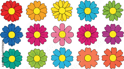 Colorful daisy flowers arranged on a black background