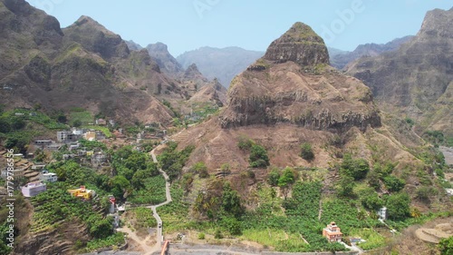CAPE VERDE - 9.10.2025 - Stunning aerial view of houses around a scenic rock formation in Ribeira Grande, Cape Verde.
