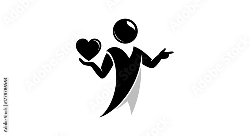 Stylized human figure holding a heart and pointing.
