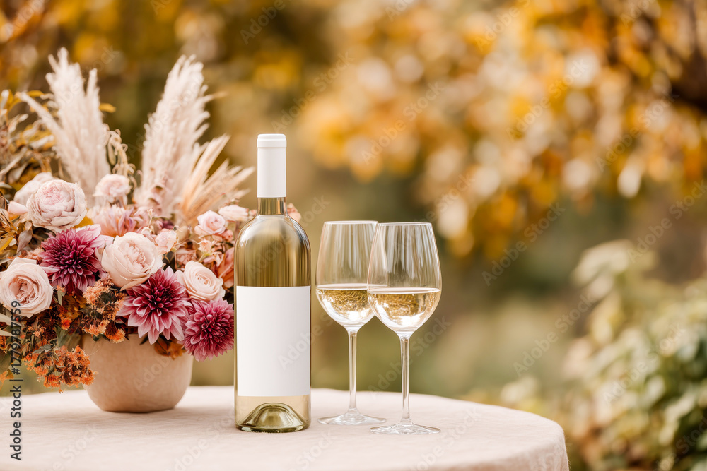 Obraz premium Two glasses of white wine and a bottle with blank mockup label on a floral-decorated table, set against a fall outdoor backdrop