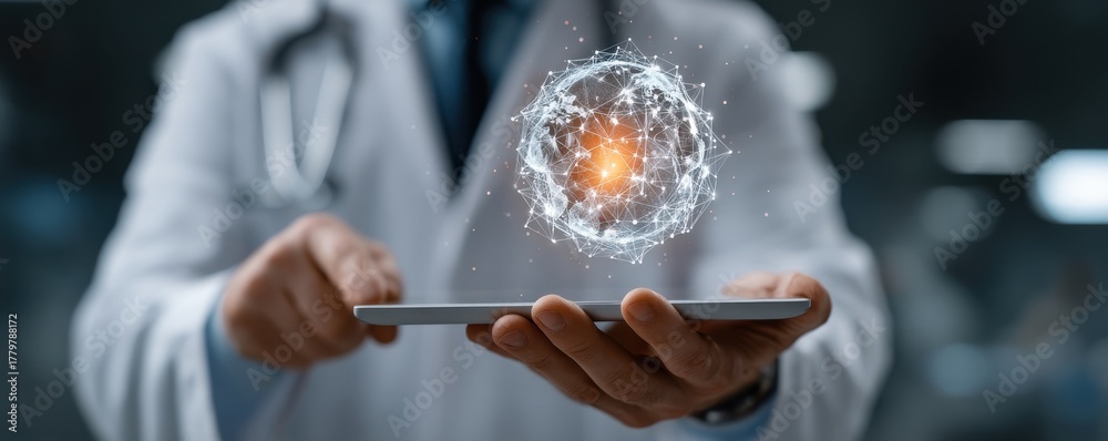 Obraz premium Doctor holds tablet with floating globe of connections, showcasing medical technology and digital health.