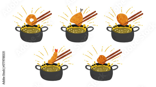 油はねしている揚げ物鍋とアジフライ・ポテトコロッケ・エビフライ・唐揚げ・イカリングのセット　水彩風手描きベクターイラスト