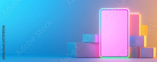Neon Phone Mockup on Pastel Cube Display, Technology , 3D Render