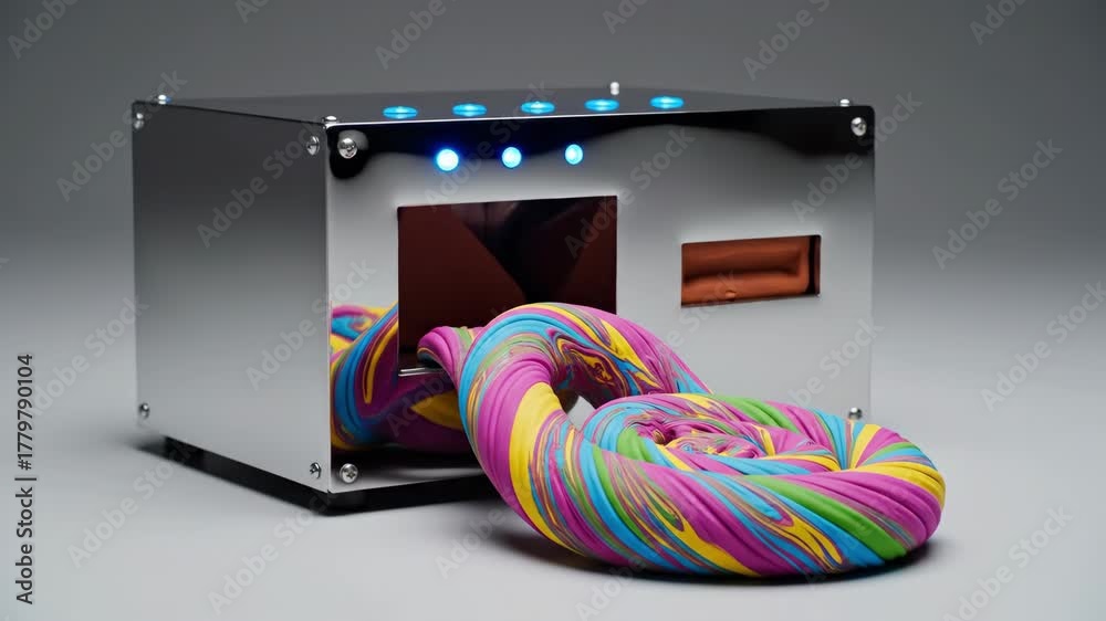 Watch as a shiny box magically transforms simple clay into vibrant shapes. Colorful strands and unique forms emerge, sparking creativity and fun in every twist.