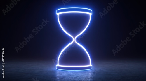 A glowing hourglass stands in a dark space, illuminated by neon blue light.