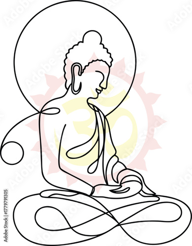 Meditating Buddha illustration in continuous line art style with halo symbol in the background creative concept for serenity and peacefulness