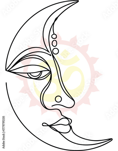 Minimalist Crescent Moon Face Line Art with Spiritual Om Symbol Radiating Light in Background Mystic Lunar Goddess Aesthetic Depicting Tranquility and Cosmic Connection