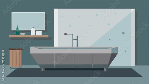 A bathroom with a large concrete vanity and a deep rectangular soaking tub.