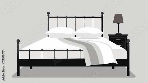 A black metal bed frame with a plush white duvet and industrialstyle bedside tables.