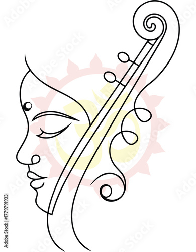 Abstract Illustration of a Musical Stringed Instrument Combined with a Face in Profile Creates a Unique and Artistic Image for Creative Designs and Cultural Representations