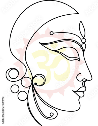 Elegant continuous line drawing of a womans face in profile with traditional Indian jewelry and floral embellishments for print and web graphics providing a spiritual and artistic touch