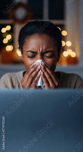 Young Woman with Cold or Flu Suffering Indoors, Screen Light and Thanksgiving Decor for pharmacy advertisements, editorial features, lifestyle blogs, seasonal illness content, flu prevention materials