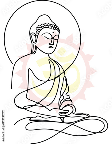 Elegant Line Art Depiction of Buddha in Meditation with Halo and Om Symbol Background for Spiritual Themes and Minimalist Design Projects