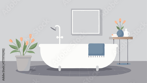 A bathroom with a sleek white freestanding bathtub and a plush grey bath mat accented by a metallic vase of fresh flowers on a floating marble shelf.